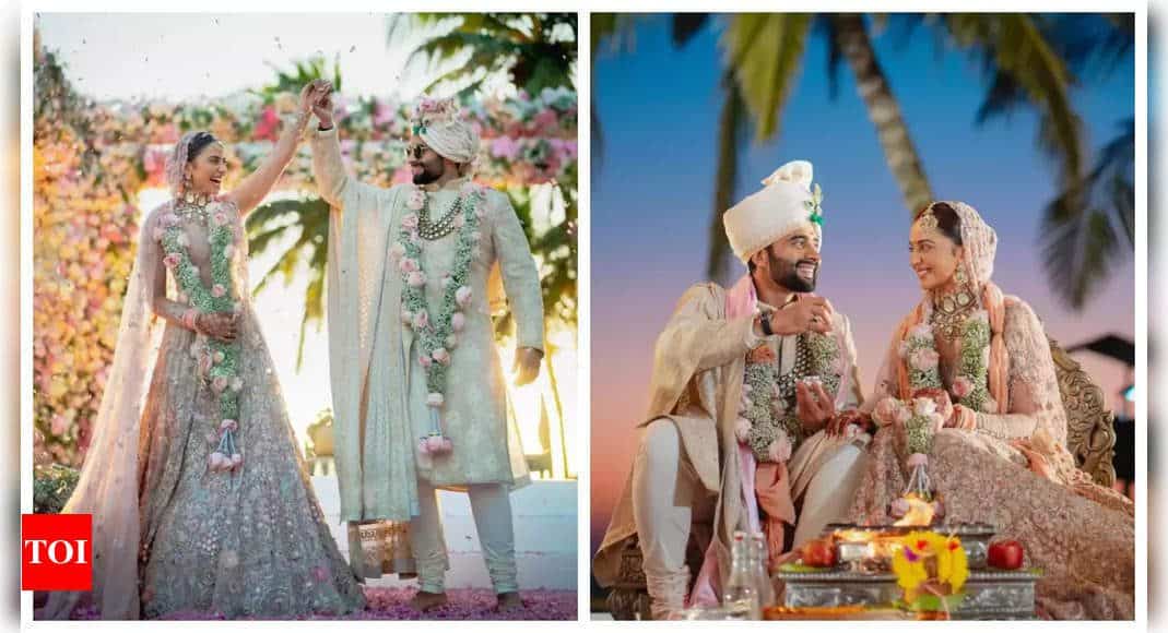 Rakul Preet Singh's hand-embroidered lehenga to Jackky Bhagnani's chikankari sherwani with chinar motif - Deets about their wedding outfit | - Times of India 6 Rakul Preet Singh's hand-embroidered lehenga to Jackky Bhagnani's chikankari sherwani with chinar motif - Deets about their wedding outfit | - Times of India