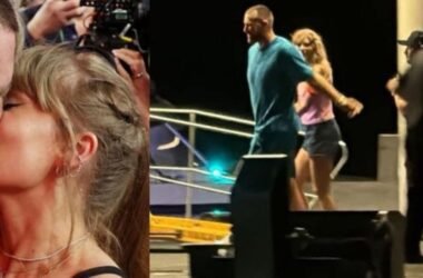Taylor Swift races to kiss Travis Kelce backstage in Singapore, pulls curtain for tight hug