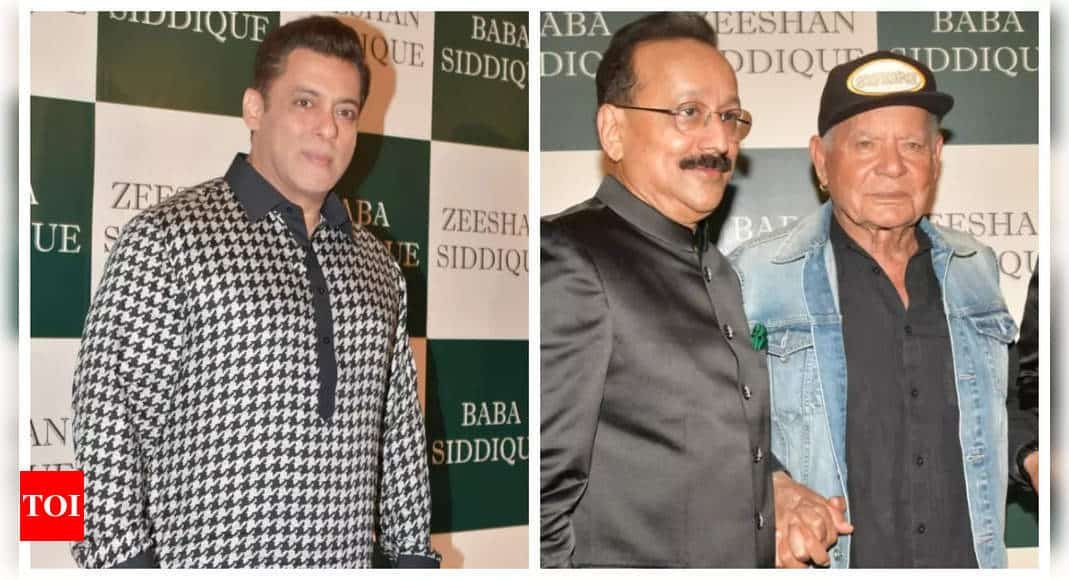 Salman Khan looks dapper in a printed black and white kurta as he attends Baba Siddiqui's star-studded annual iftar party with father Salim Khan - See photos | - Times of India