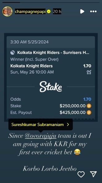 Drake places a bet on Kolkata Knight Riders in the IPL finals today Drake places a bet on Kolkata Knight Riders in the IPL finals today