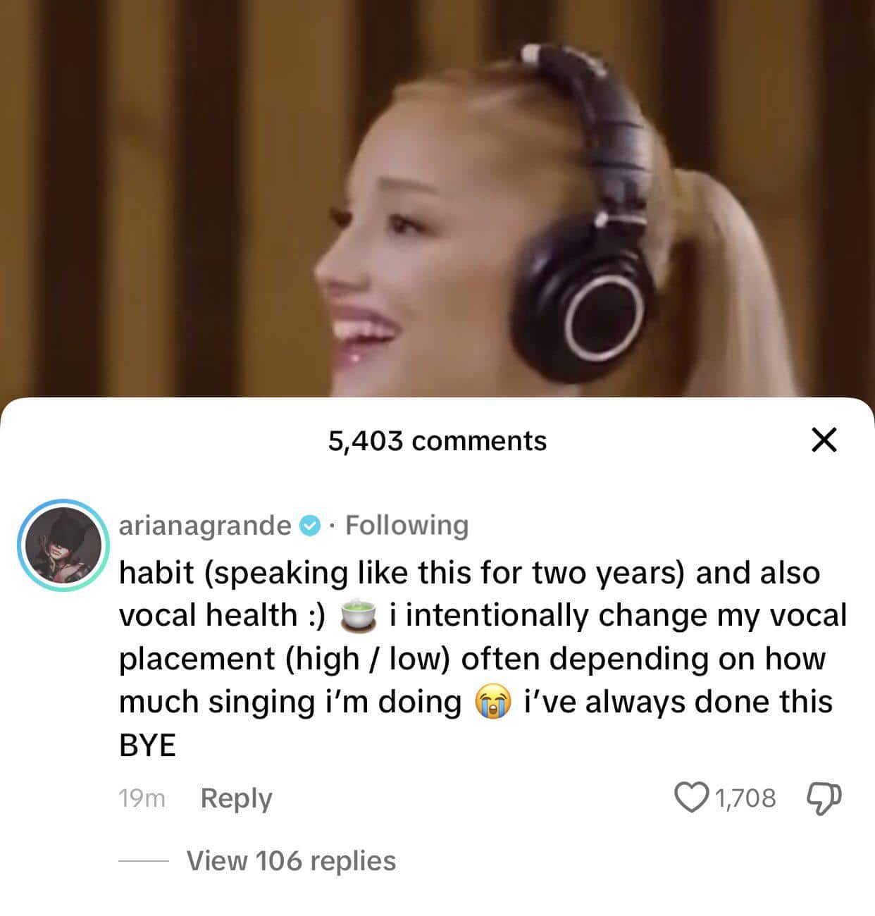 Ariana Grande's response on the viral TikTok clip(Reddit/r/popculturechat)