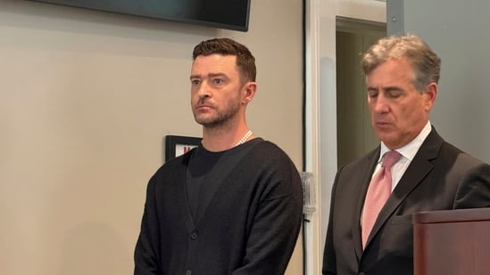 Justin Timberlake, left, appears in court with his attorney Edward Burke, Friday, Sept. 13, 2024, in Sag Harbor, N.Y. (T E McMorrow/Pool Photo via AP )(AP)