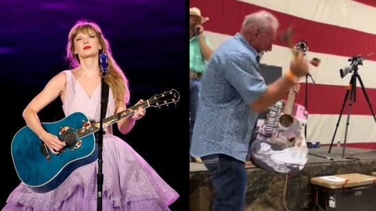 A viral video shows a man smashing a signed Swift guitar,(Pic- X (Twitter))
