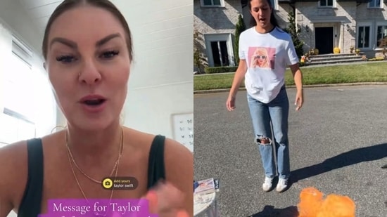 (Left): A "concerned mother" directs a seething rant at Taylor Swift after her Harris endorsement. (Right): A presumably former Swiftie torches her 'Speak Now (Taylor's Version) vinyl and replaces her TS merch with MAGA kit. (X/Twitter; TikTok)