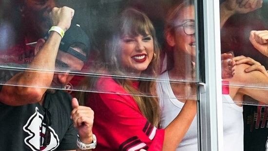 Kansas City, Missouri, USA; Recording artist Taylor Swift celebrates after a Kansas City Chiefs touchdown during the second half against the Cincinnati Bengals at GEHA Field at Arrowhead Stadium.(USA TODAY Sports via Reuters Con)