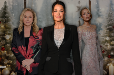 Kyle Richards Shares Photos from the Hilton Christmas Party 14 Kathy Hilton, Kyle Richards and Paris Hilton stand in front of two Christmas trees.