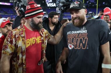Jason Kelce Revealed Who He Would Be Rooting For in the Super Bowl Months Ago 10 Jason Kelce and Travis Kelce celebrating the Kansas City Chiefs AFC Championship