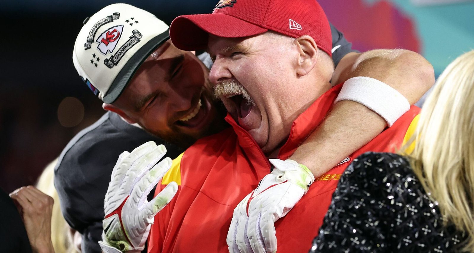 Travis Kelce and Andy Reid celebrate at the Super Bowl