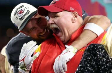 Travis Kelce and Andy Reid celebrate at the Super Bowl