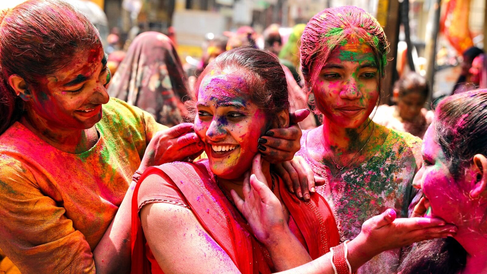 Hyderabad: People apply 'gulal' to each other on 'Rangbhari Ekadashi', ahead of the Holi festival, in Hyderabad, Monday, March 10, 2025.