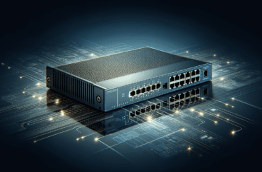 Do Ethernet Switches Reduce Speed? What Every Network Admin Should Know 16 A sleek network switch with multiple Ethernet ports, placed on a futuristic circuit board background with glowing lights.