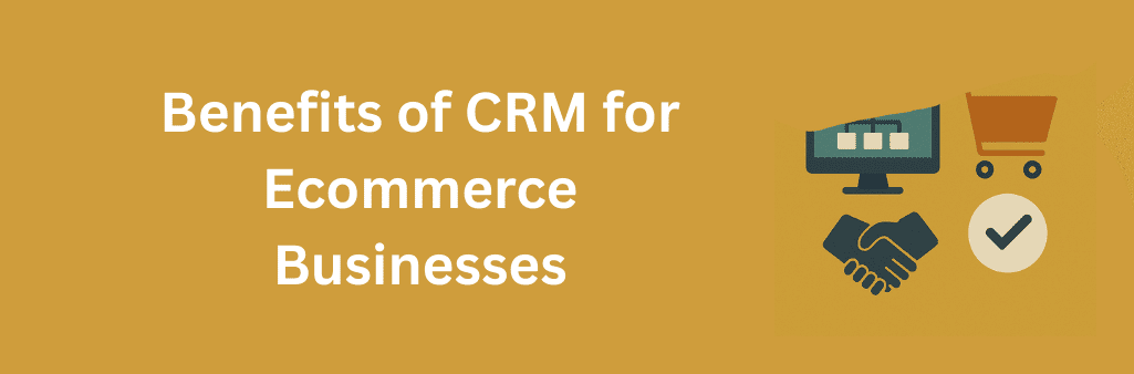 Why Choosing the Best CRM for Ecommerce Boosts Sales and Customer Experience 8 Flat design illustration with computer monitor, shopping cart, handshake, and checkmark icons on mustard yellow background.